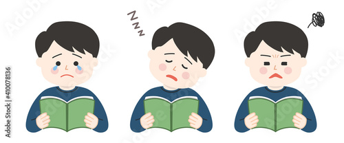 Man reading and holding open books with different expressions. Vector illustration isolated on white background.