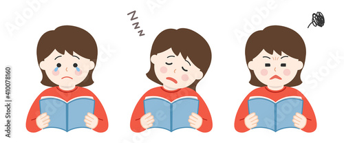 Woman reading and holding open books with different expressions. Vector illustration isolated on white background.