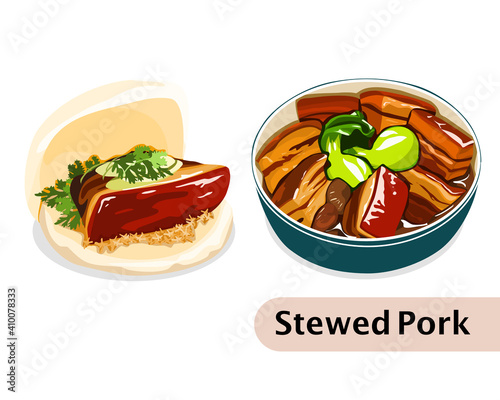 GUA BAO or  BRAISED PORK BELLY STEAMED BUNS. Isolated close up vector illustration.