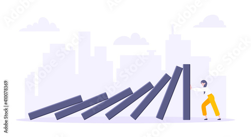 Domino effect or business resilience metaphor vector illustration concept. Adult young businesswoman pushing falling domino line business concept of problem solving and stopping domino chain reaction.