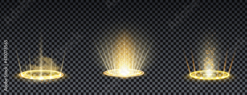 Gold hologram portal. Magic fantasy portal. Magic circle teleport podium with hologram effect. Vector gold glow rays with sparks on transparent background.