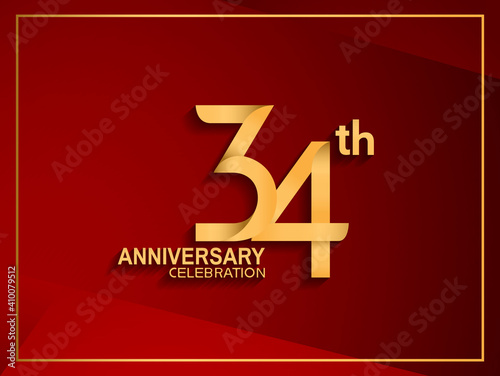 34 anniversary celebration logotype golden color isolated on red color can be use for celebration, invitation, greeting card and special event