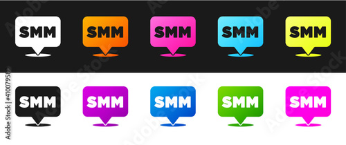 Set SMM icon isolated on black and white background. Social media marketing, analysis, advertising strategy development. Vector.