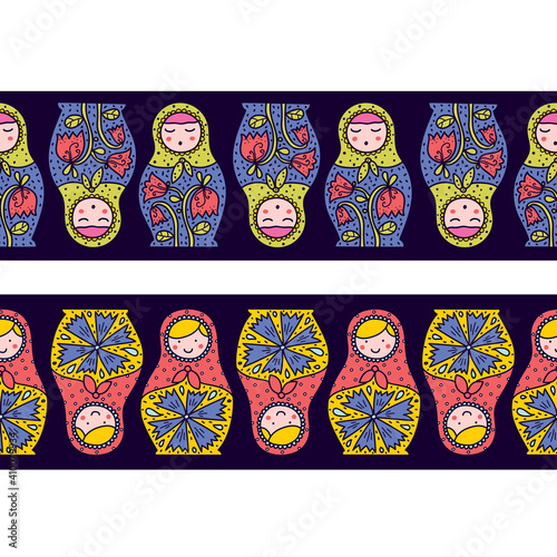 Horizontal seamless border with russian motiv. Matryoshka and flowers. Cute babushka..