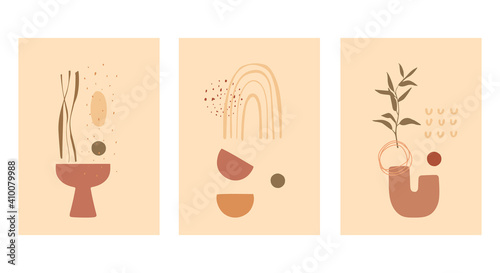 A set of posters with abstract still lifes in pastel colors. Vases of unusual shape in beige tones. Flat modern vector illustration.