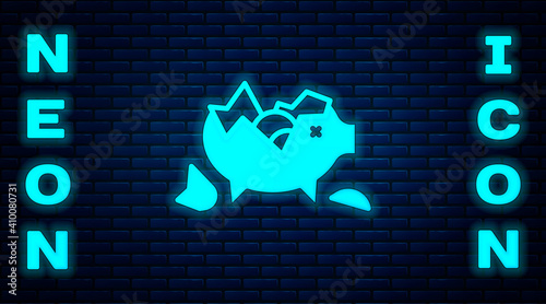 Glowing neon Broken piggy bank icon isolated on brick wall background. Icon saving or accumulation of money, investment. Vector.