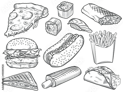 Collection of hand drawn fast food food on white board, background. Fast food for menu design pizza, hot dog, fries, rolls, burger, shawarma. Vector illustration