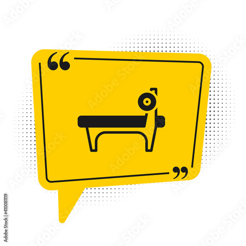 Black Bench with barbel icon isolated on white background. Gym equipment. Bodybuilding, powerlifting, fitness concept. Yellow speech bubble symbol. Vector.