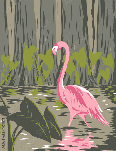 Flamingo in the Everglades National Park Located in Florida United States of America WPA Poster Art