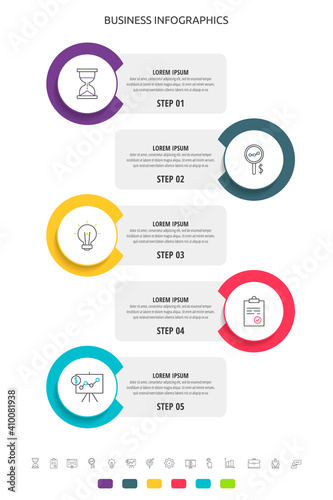 Vector infographics circles with five steps, labels. Line chart. Timeline used for diagram, business, workflow layout, presentations, info graph, content, levels, processes diagram, visualization
