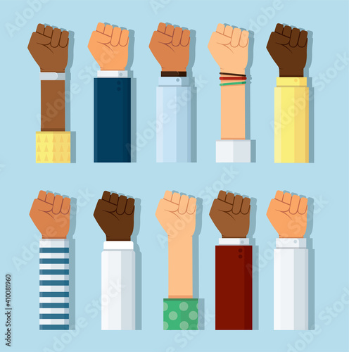 set of different skin colors fist hands rise up. Empowering, Labor day, humans right, fight concept