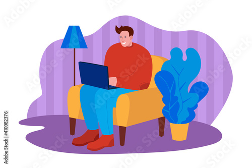 Happy freelance worker working with laptop at home. Vector illustration in flat style