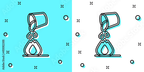 Black line Water bucket extinguishing a fire icon isolated on green and white background. Random dynamic shapes. Vector.
