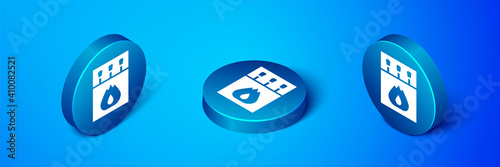 Isometric Open matchbox and matches icon isolated on blue background. Blue circle button. Vector.