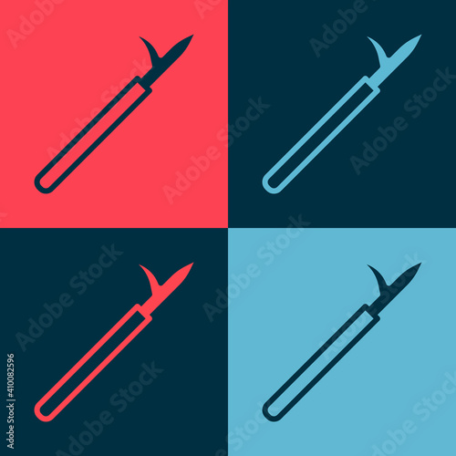 Pop art Metal pike pole with wooden handle icon isolated on color background. Spear, pickaxe, hook hand extinguishing instrument and tool for fireman. Vector.