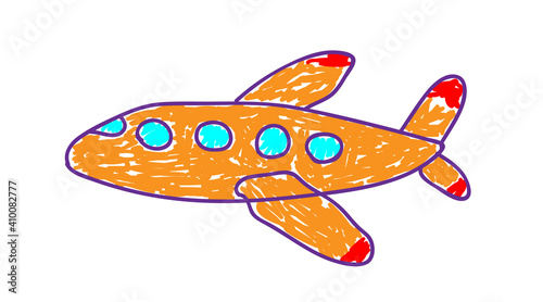 Orange plane in a deliberately childish style. Child drawing. Sketch imitation painting felt-tip pen or marker. Childrens application. Vector illustration.