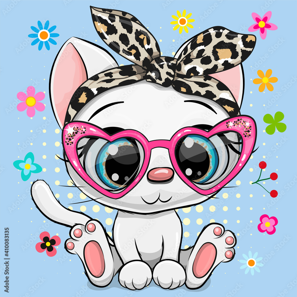 Obraz premium Cartoon white Kitten with a bow and glasses on a blue background