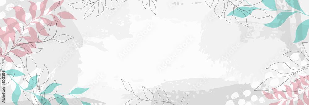 creative minimalist hand draw background with leaves and pastel simple stain and shape, brush strokes elements. design for greeting cards and invitations of the wedding, birthday, Valentine's Day.