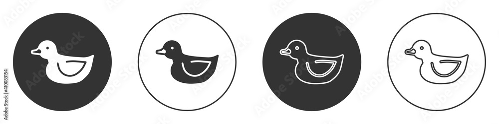 Black Rubber duck icon isolated on white background. Circle button. Vector. Black Rubber duck icon isolated on white background. Circle button. Vector.