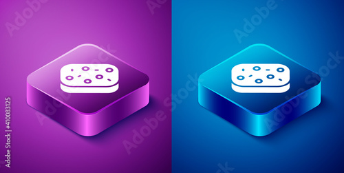 Isometric Sponge with bubbles icon isolated on blue and purple background. Wisp of bast for washing dishes. Cleaning service logo. Square button. Vector.