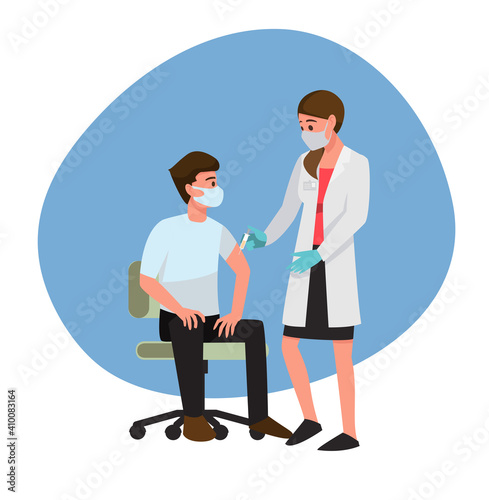 Time to vaccinate concept. People vaccination concept for immunity health. Covid-19. Doctor makes an injection of flu vaccine to man in hospital.,Vector illustration cartoon character