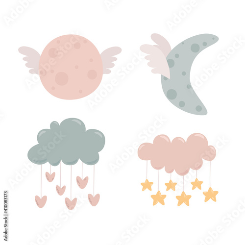 set of celestial bodies. moon and planet, set of illustrations for a newborn. space and stars