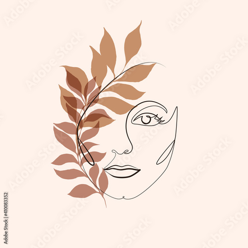 Abstract minimalistic linear sketch. Female face. Vector illustration hand draw with plant leaves. One line drawing face. Modern minimalism art. Abstract woman portrait minimalist style