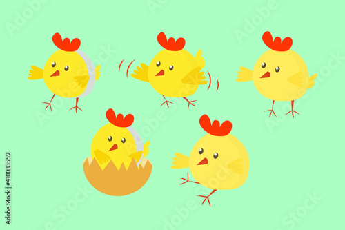 Vector flat illustration. Big set of cute easter chicken isolated on blue. 