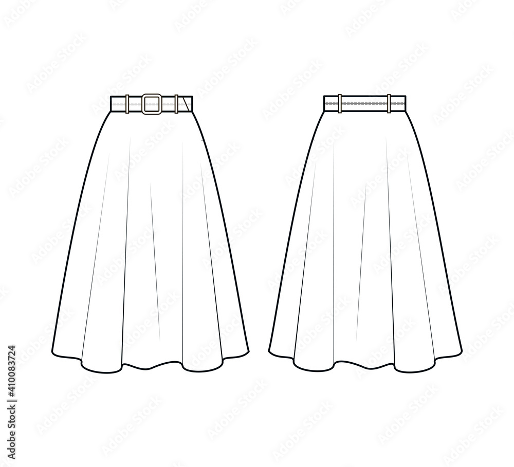 Fashion technical drawing of flared skirt with belt Stock Vector ...