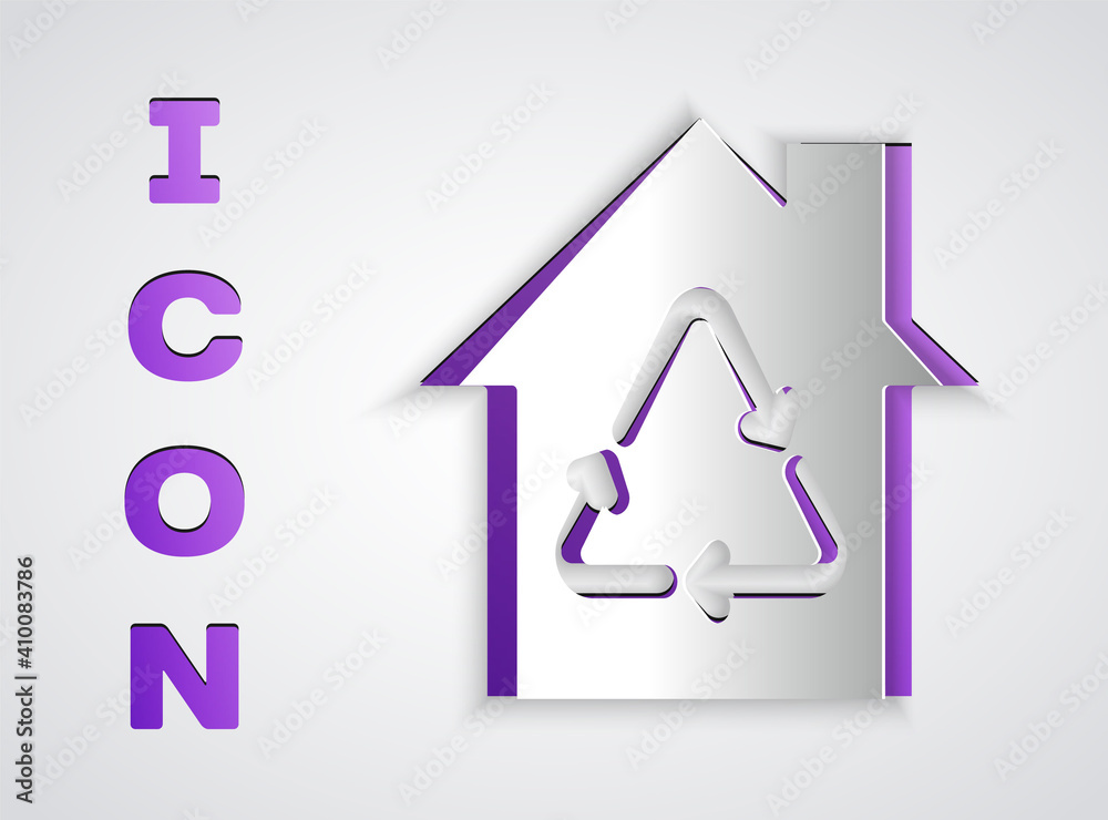 Paper cut Eco House with recycling symbol icon isolated on grey background. Ecology home with recycle arrows. Paper art style. Vector. Paper cut Eco House with recycling symbol icon isolated on grey background. Ecology home with recycle arrows. Paper art style. Vector.