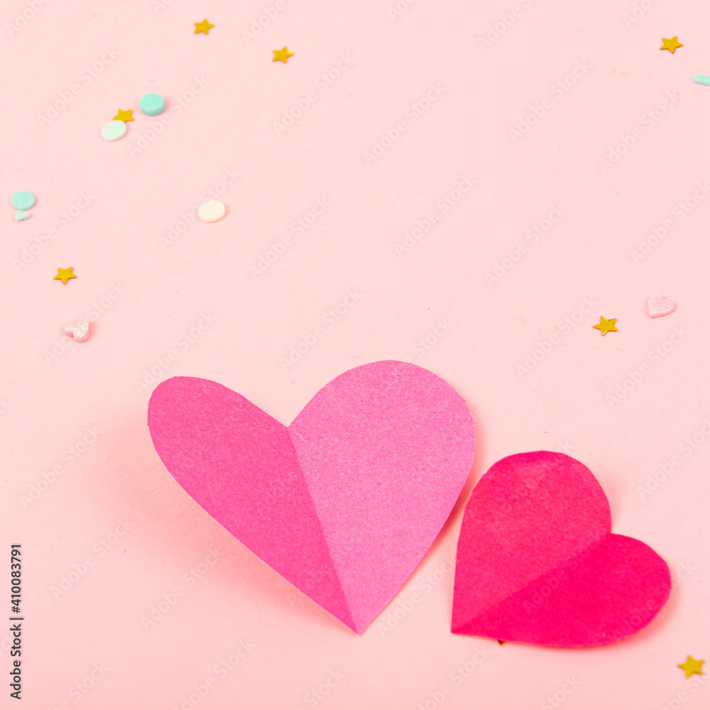 Abstract Background with Paper Hearts, confetti for Valentine`s Day. Love and Feeling Background for poster, banner, post, card Studio Photo