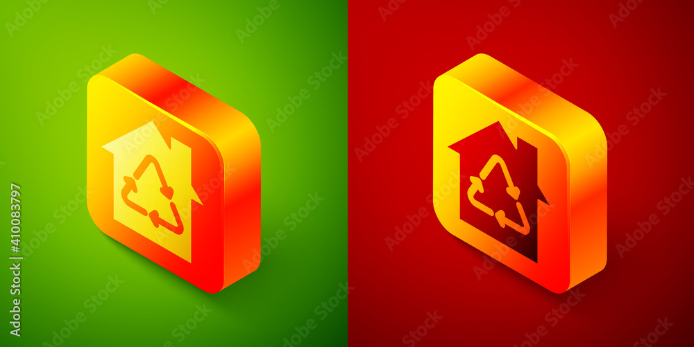 Isometric Eco House with recycling symbol icon isolated on green and red background. Ecology home with recycle arrows. Square button. Vector. Isometric Eco House with recycling symbol icon isolated on green and red background. Ecology home with recycle arrows. Square button. Vector.