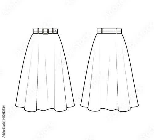 Fashion technical drawing of flared skirt with belt