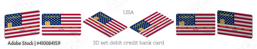 3D set of plastic bank cards with the USA flag in six projections and a shadow on white background. EPS10