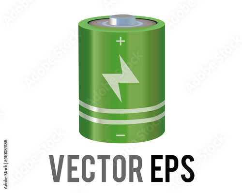 Vector green cylinder recharging battery cell icon with bolt, plus, minus symbol