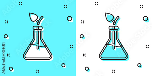 Black line Plant breeding icon isolated on green and white background. Plants growing in the test tubes. Organic food ,agriculture and hydroponic. Random dynamic shapes. Vector.