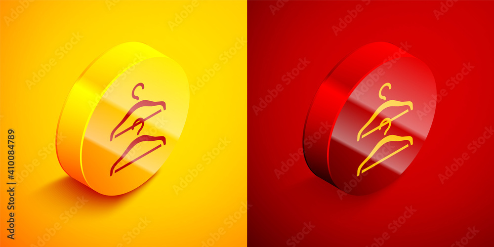 Isometric Hanger wardrobe icon isolated on orange and red background. Cloakroom icon. Clothes service symbol. Laundry hanger sign. Circle button. Vector. Isometric Hanger wardrobe icon isolated on orange and red background. Cloakroom icon. Clothes service symbol. Laundry hanger sign. Circle button. Vector.