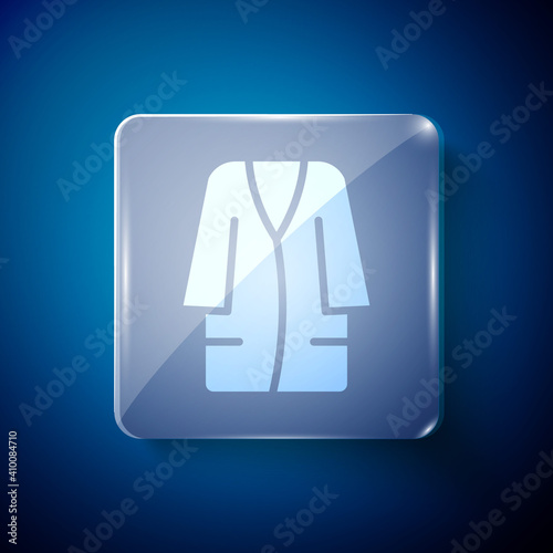 White Bathrobe icon isolated on blue background. Square glass panels. Vector.