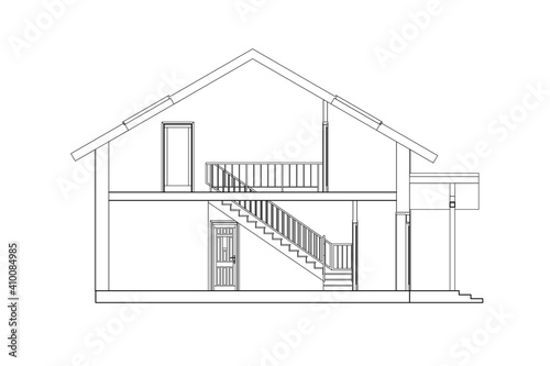 Cross-section suburban house. Vector blueprint. Architectural modern design.