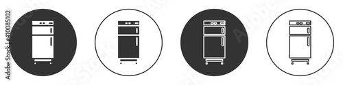 Black Refrigerator icon isolated on white background. Fridge freezer refrigerator. Household tech and appliances. Circle button. Vector.