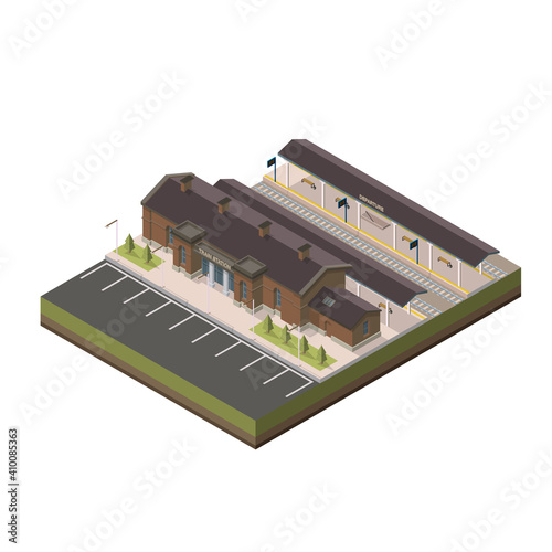 Railway station isometric. Vector isometric element representing railway(train) station with parking and passenger platform.