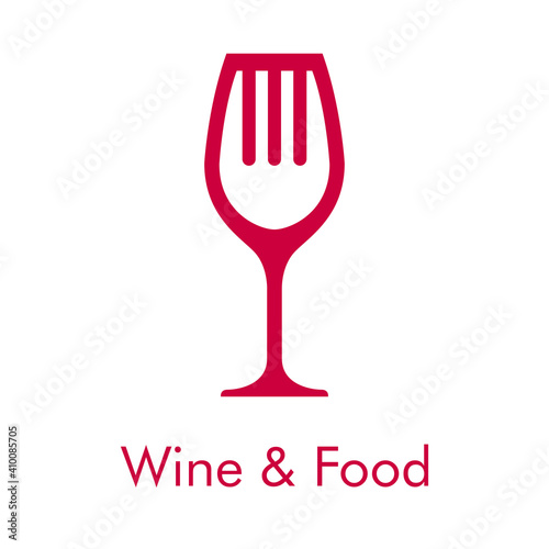 Logotipo con texto Wine & Food con tenedor con forma de copa de vino en color granate
