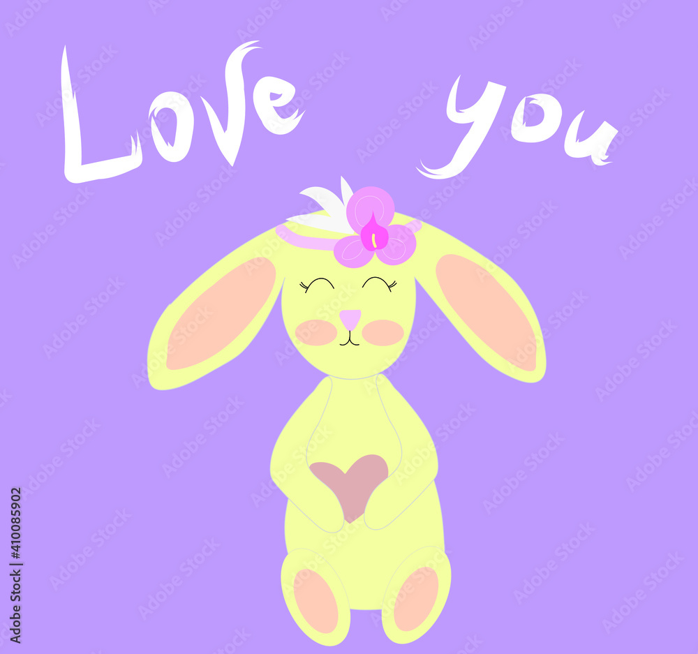 Cute cartoon hare with a heart and the inscription Love you. Beautiful children's print Cute cartoon hare with a heart and the inscription Love you. Beautiful children's print