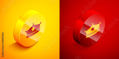 Isometric Police cap with cockade icon isolated on orange and red background. Police hat sign. Circle button. Vector.