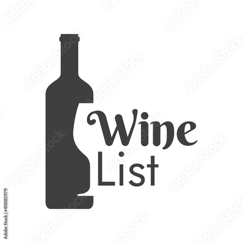 Logotipo con texto Wine List con silueta de botella de vino con copa de vino en espacio negativo en color gris