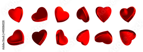 Red hearts vector set. Collection of twelve realistic shiny red metallic hearts isolated on white background. Good for Valentine's day greeting cards, advertisement banners, event invitations.