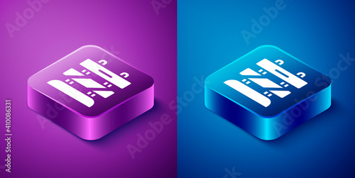 Isometric End of railway tracks icon isolated on blue and purple background. Stop sign. Railroad buffer end to destination. Square button. Vector.