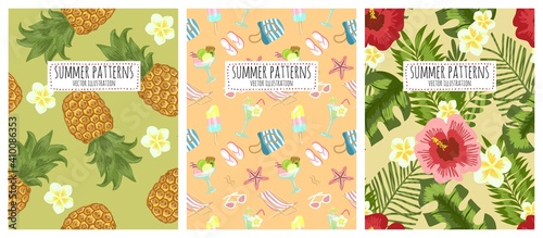 Symmer brach vacation seamless pattern. Vector set of floral background patterns. Pineapple fruit, resort vacation elements, mirabilis flowers