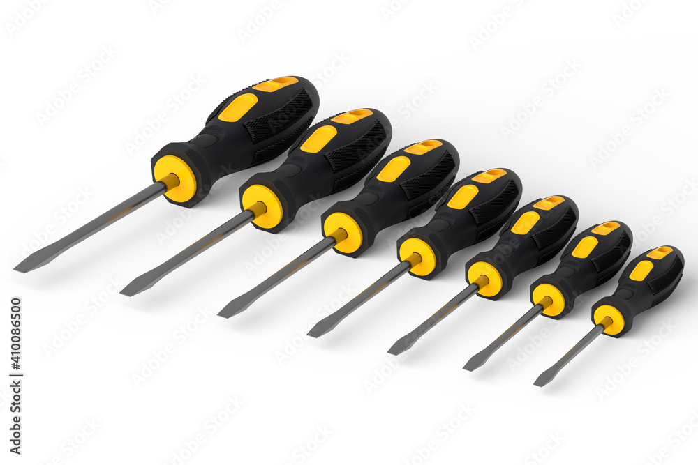 Set of black and yellow screwdriver on white background Set of black and yellow screwdriver on white background