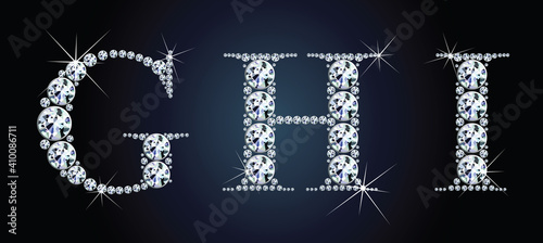 Diamond alphabet letters. Stunning beautiful GHI jewelry set in gems and silver. Vector eps10 illustration.